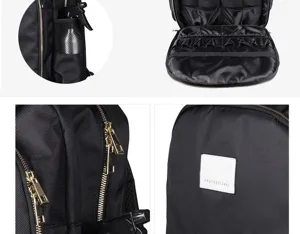 Barber backpack detail view featuring tool compartments, side pocket and gold zippers.