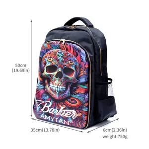 Detailed view of the black barber backpack with colorful skull graphic and dimension specs.