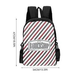 Barber shop backpack detail, red and white stripes, stylish hairdressing tool storage bag.