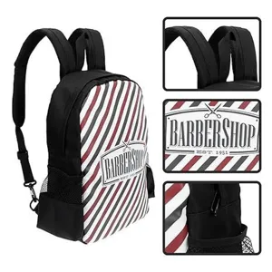 Detail views of the barber shop backpack showing custom straps, logo patch and mesh pockets.
