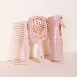 Juego de Peines para el Cabello de Paja de Trigo para Mujer Peine de Masaje Hueco Peine de Dientes Anchos y Botella de Spray Profesional