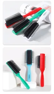 Professional anti-static nine-row hair brush detail view, multi-color styling tool.