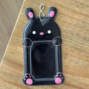 Cute black rabbit PVC photocard holder 3 inch ID card protector with ball chain for bag.