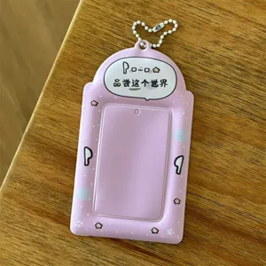 Pink 3-inch photocard holder cute acrylic ID card sleeve with chain for idol photocards and student cards.