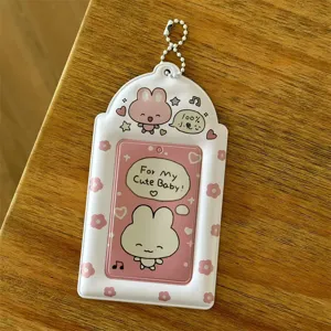 Cute 3 inch photocard holder transparent PVC idol card sleeve with bead chain aesthetic bunny