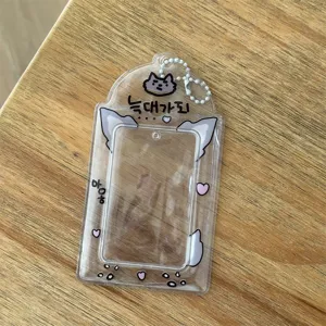 Transparent 3-inch photocard holder cute animal ear ID badge sleeve with ball chain for Kpop fans