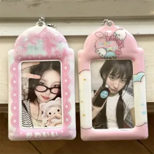 Korean Style Cartoon PVC Card Holder Polaroid Photo Card Protector Bead Chain Cute ID Card Storage Display Pendant