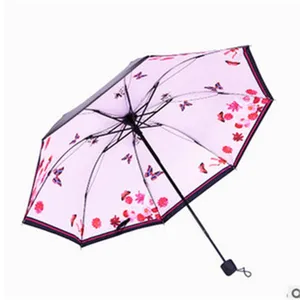 Vista detallada de un paraguas plegable rosa con diseños de mariposas y flores, 8 varillas.
