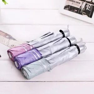 Vue détaillée du parapluie compact à trois pliages avec protection UV et revêtement argenté.