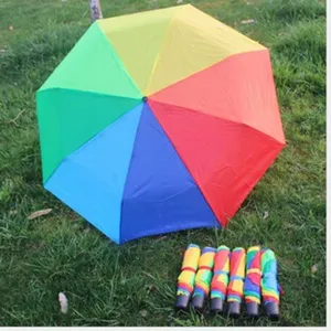 Vue detaillee de parapluies colores et pliables presentes sur une pelouse verte.