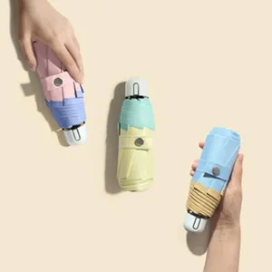 Gedetailleerd overzicht van de mini opvouwbare capsule paraplu met kleurblok design.