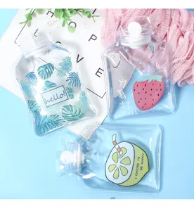 Close up detail of transparent PVC hot water bag with cute fruit and leaf print design.
