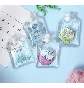 Transparent PVC hot water bag detail, cute cactus and fruit print student hand warmer winter.