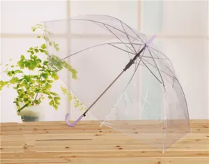 Paraguas transparente de mango largo con empuñadura morada, diseño de cúpula para días de lluvia.