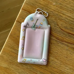 Pink gradient 3 inch photocard holder cute idol card sleeve with chain for collectible cards