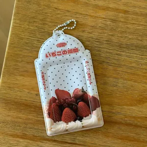 Strawberry photocard holder detail view, cute ins style 3 inch card sleeve pendant.