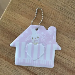 Pink house shape ID photo card holder with heart window and bead chain keychain for cute photos.