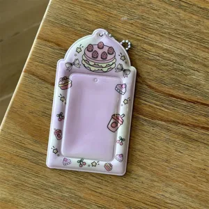 Pink strawberry cake 3-inch photocard holder detail shot, cute idol card protector display.