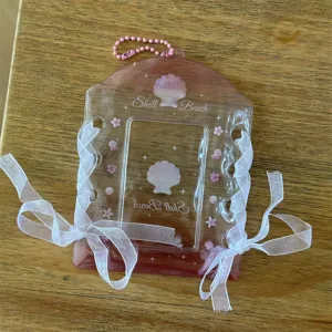 Transparent PVC Card Holder Cute Lace Ribbon Bead Chain Polaroid Idol Photo Card Protector For School Office