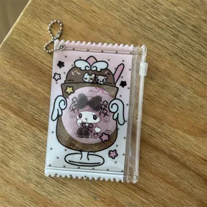 Clear PVC 3-inch photocard zipper holder with cute cartoon insert and hanging chain detail.