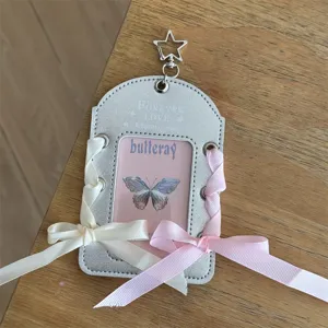 Silver leather photocard holder with ribbon bows, 3-inch polaroid ID card protective case.