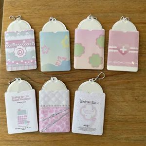 Cute 3 inch photocard holder set with chain, pink leopard clover Kpop idol card sleeve.
