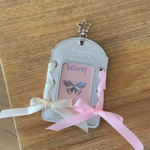 Silver leather photocard holder with ballet ribbons, 3-inch polaroid idol card protector.