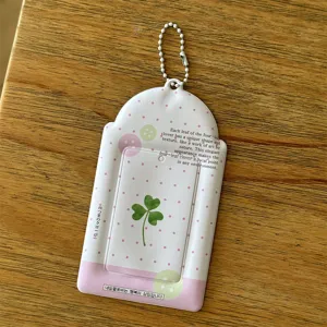 Pink dot four leaf clover photocard holder 3 inch ID card sleeve with ball chain cute