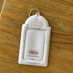 White 3-inch photocard holder with bead chain cute ins style photo sleeve clear display.