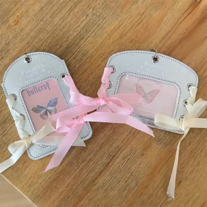 Silver leather photocard holder with ballet ribbons, cute 3-inch polaroid ID card storage.