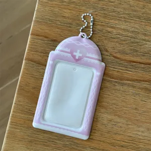 Pink photocard holder for 3-inch cards cute ID badge protective case with ball chain