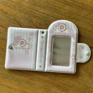 Pink narutomaki photocard holder folding mini album cute 3-inch kpop card binder with mirror