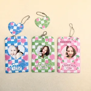 Ins Plaid Heart Clover Polaroid Photocard Holder Acrylic ID Card Protector With Pendant Keychain Student School Supplies