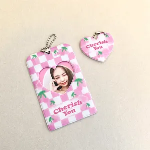 Pink grid heart 3-inch polaroid photocard holder and pendant set, cute idol card sleeve.