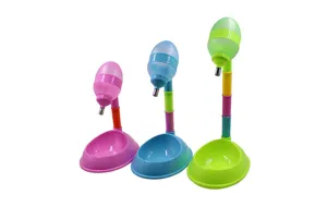 Pet water dispenser detail showing colorful adjustable stands and bottles for dogs and cats.