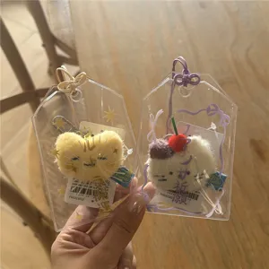 Original transparent PVC Omamori card holder and plush keychain charm for 3-inch cards display.