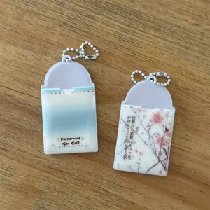 Clear detail view of 2-inch photo card holder with cute keychain, cherry blossom pattern.