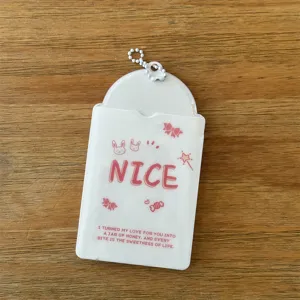 White PVC 3-inch photocard holder sleeve with cute bunny print and ball chain for ID card.
