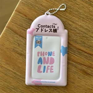 Pink 3-inch photocard holder keychain with ball chain, cute aesthetic card protector pendant.