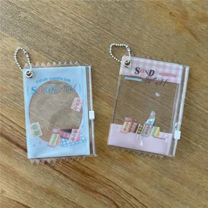 Tarjetero de PVC transparente con diseño de sándwich, cremallera y colgante de cadena para fotos.