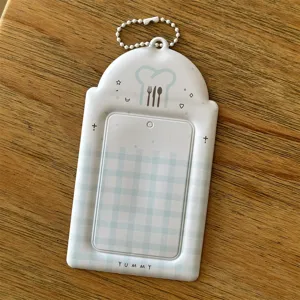 Blue plaid 3-inch photocard holder keychain with chef hat pattern, perfect for ID and cards.
