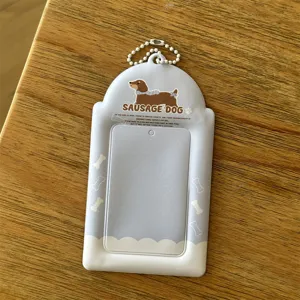 Cute sausage dog 3-inch photocard holder id card sleeve with chain detail close up view