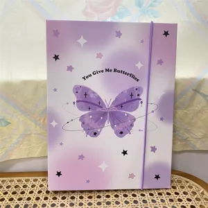 A5 classeur de cartes photo papillon violet vue detaillee avec fermeture elastique.