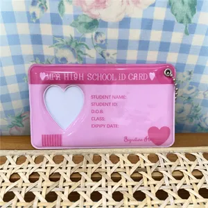 Pink heart ID card holder photocard protector cute keychain accessory for 1-inch photo display.