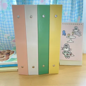 Detailopname met pastelkleurige A5 ringbanden in roze, wit, groen en geel op een houten bureau.
