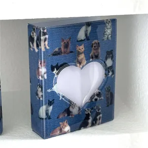 Détail de classeur photocard chat chien en jean, joli porte-cartes cœur mignon.