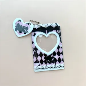 Dark style 3-inch acrylic photocard holder pink black checkerboard skull bow ID card protector.