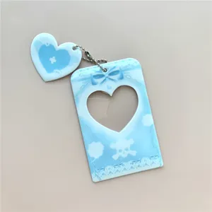 Acrylic photocard holder ID badge sleeve with adorable heart pendant and blue bow