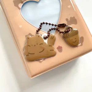 Cute acrylic cartoon cat animal pendant keychain detail view, lovely bag charm accessory.