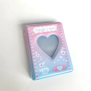 Mini 3 inch photocard holder detail shot, heart cutout pink blue gradient idol album binder cover.